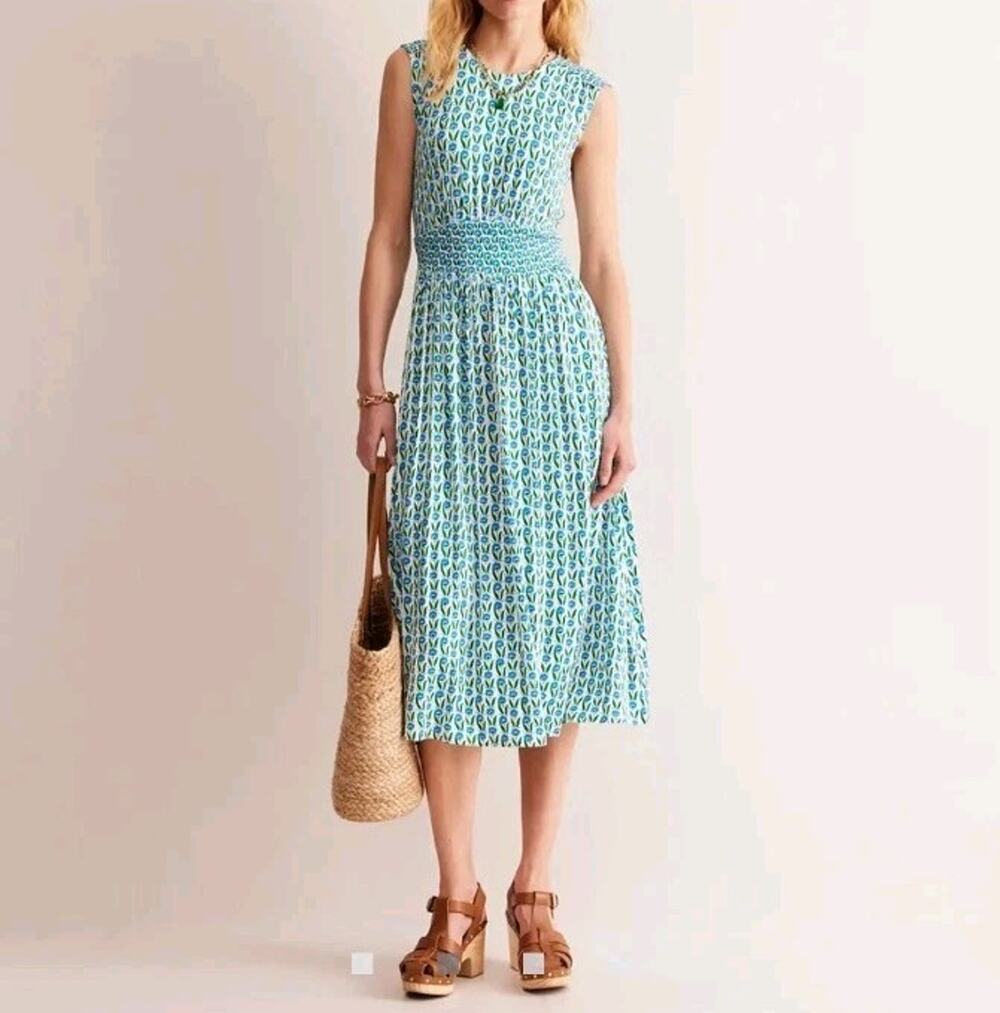Boden Thea Sleeveless Midi Dress US 16-18R Blue Green Floral Jersey Pockets